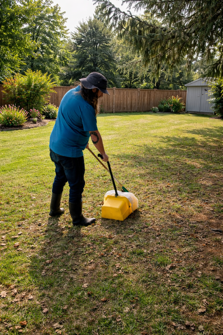 A They Poop We Scoop team member cleaning a yard